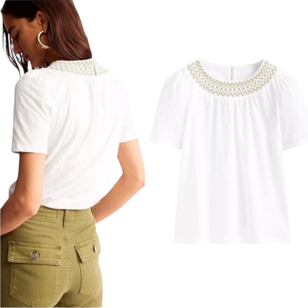 LN Boden White Embroidered Metallic Gold Smock Short Sleeve Jersey Knit Top - 8